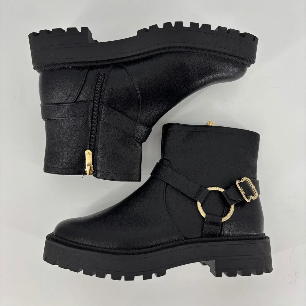 Sam Edelman Lucianna Marie Bootie Black Kids Size 5 Lug Sole Gold Buckle Zipper